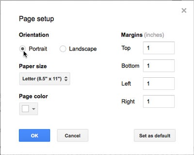تنظیمات صفحه در ابزار گوگل docs
