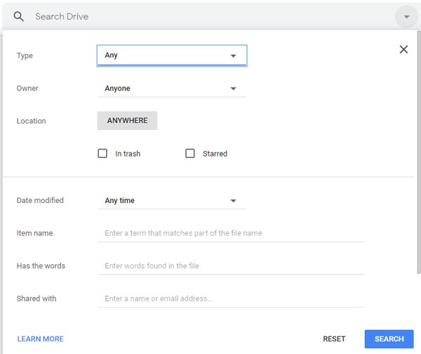 تنظیمات جستجو در گوگل درایو